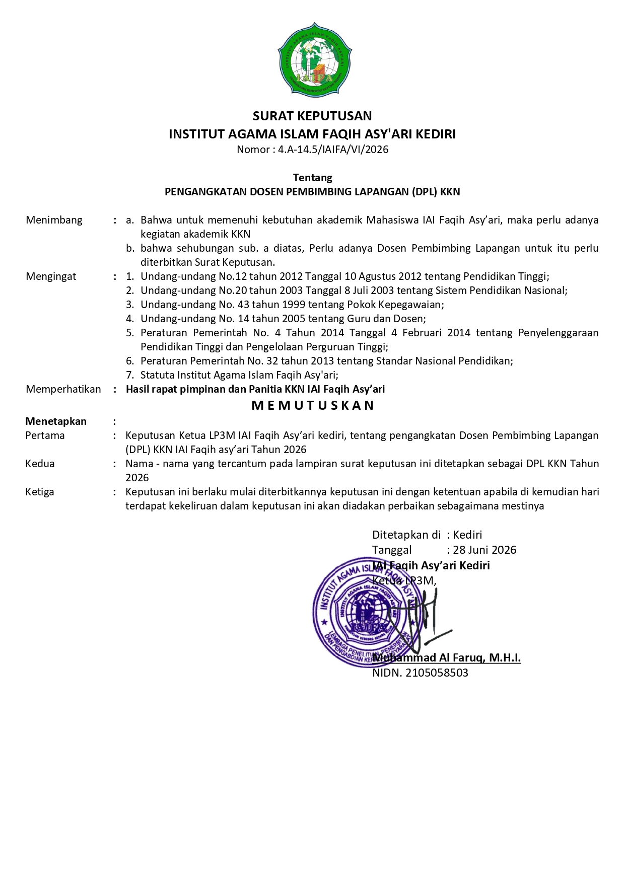 Halaman Depan SK DPL KKN IAIFA 2026